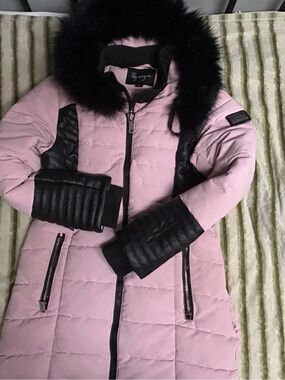 Blush Pink Quilted Coat with Black Fur Trim by Lily Morgan